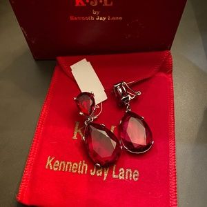 Kenneth Jay Lane CZ Double Teardrop Crystal Red Pierce Earrings NOS w/ Bag & B